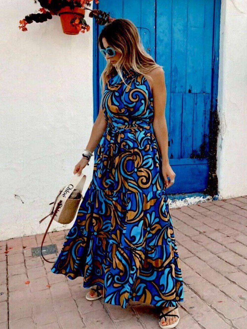 Zara Printed Halter Maxi Dress in Blue Orange Size S NWT - Picture 2 of 13